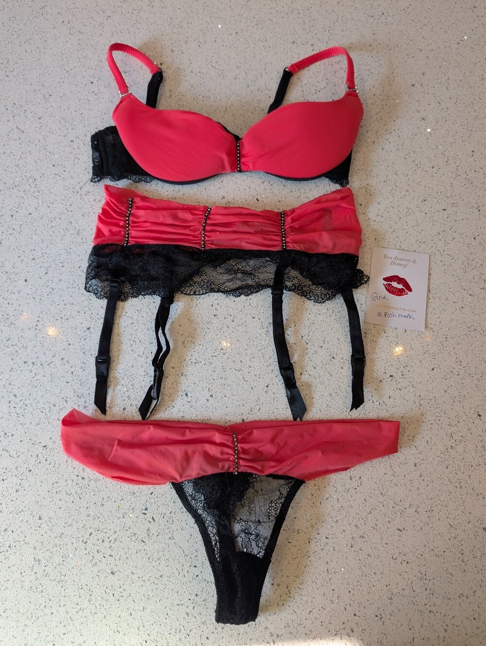 Honey Birdette Jewel Coral set 32B bra, XS suspenders, and S thong